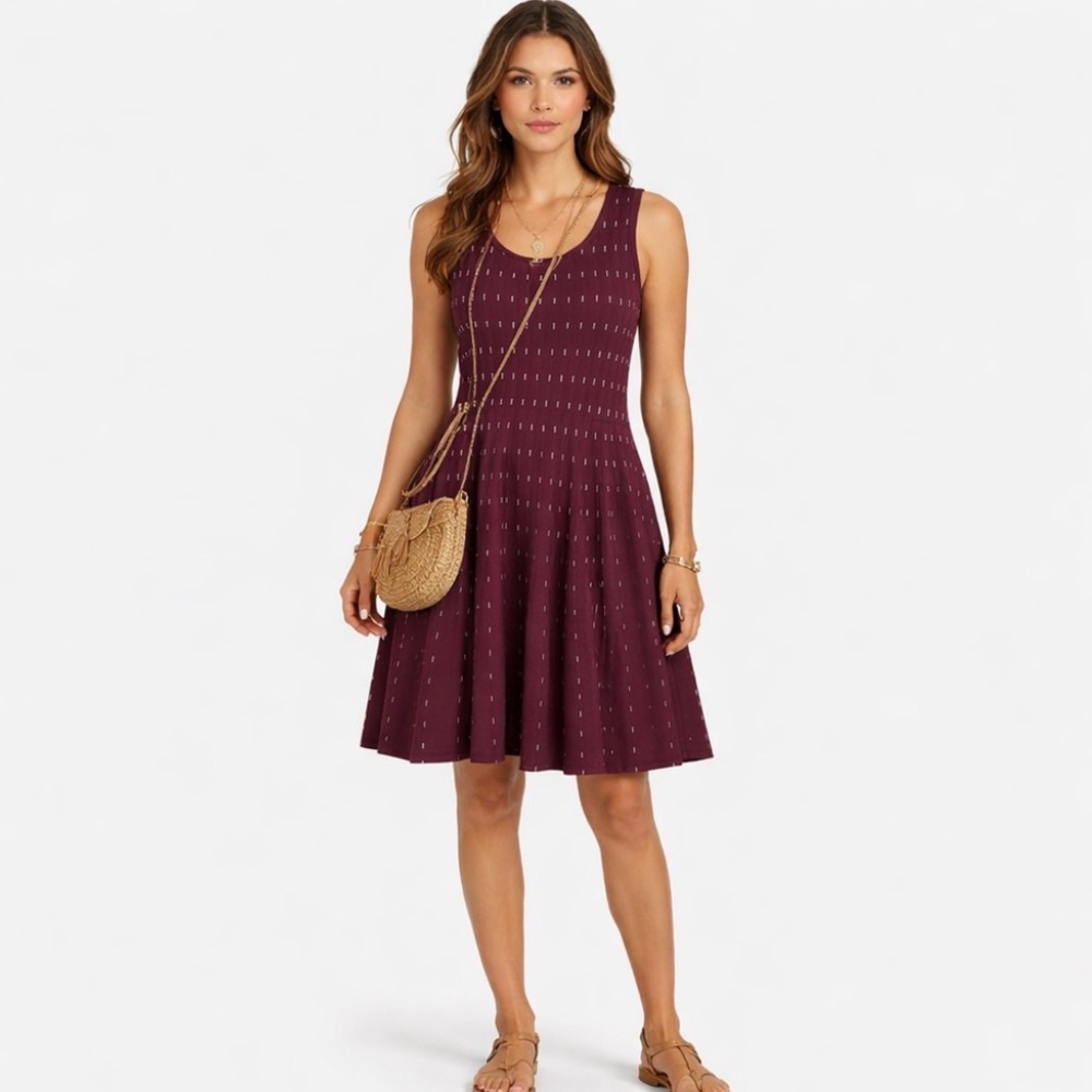 NWT Wmns MAK Sweater Sz L Burgundy  Jacquard Knitted Fit And Flare Slvls Dress